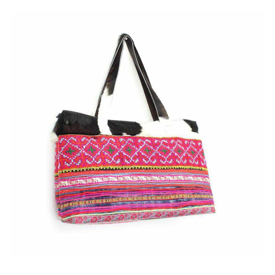 Upcycled Hmong Textile Cowhide One-of-a-kind Leather Tote Purse - Thailand-Bags-Lumily-Lumily MZ Fair Trade Nena & Co Hiptipico Novica Lucia's World emporium