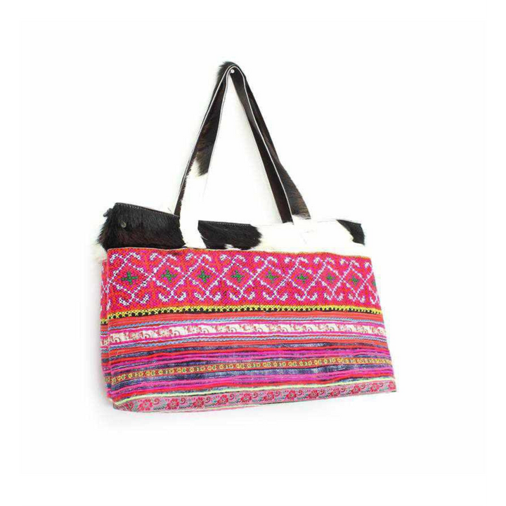 Upcycled Hmong Textile Cowhide One-of-a-kind Leather Tote Purse - Thailand-Bags-Lumily-Lumily MZ Fair Trade Nena & Co Hiptipico Novica Lucia's World emporium
