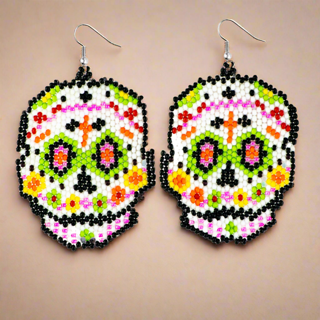 Sugar Skull Seed Bead Earrings - Guatemala-Jewelry-David (GU)-Lumily MZ Fair Trade Nena & Co Hiptipico Novica Lucia's World emporium