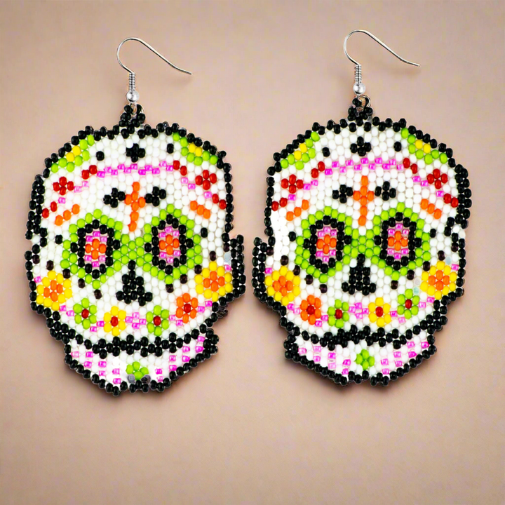 Sugar Skull Seed Bead Earrings - Guatemala-Jewelry-David (GU)-Lumily MZ Fair Trade Nena & Co Hiptipico Novica Lucia's World emporium
