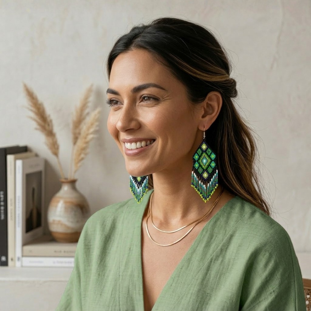 Flor Geometric Seed Bead Boho Fringe Earrings - Guatemala-Jewelry-Lumily-Lumily MZ Fair Trade Nena & Co Hiptipico Novica Lucia's World emporium