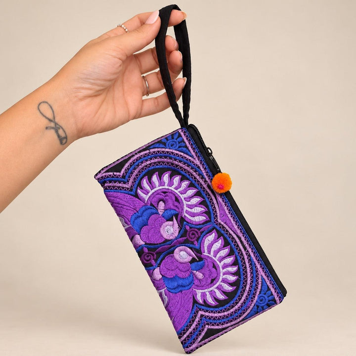 Hmong  Bird Motif Embroidered Wristlet Clutch – Handmade in Thailand
