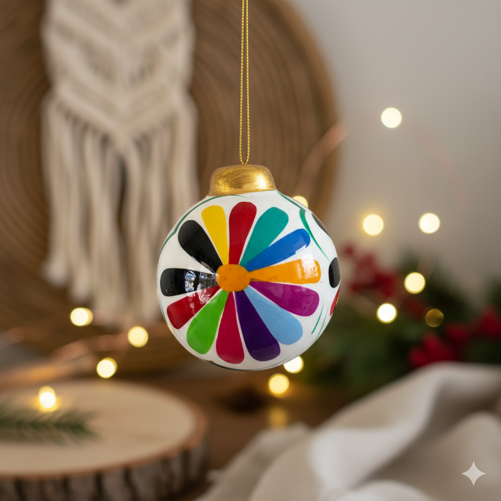 Hand-Painted Ceramic Colorful Sphere Boho Flower Ornament - Mexico-ornament-Cecilia-Lumily MZ Fair Trade Nena & Co Hiptipico Novica Lucia's World emporium