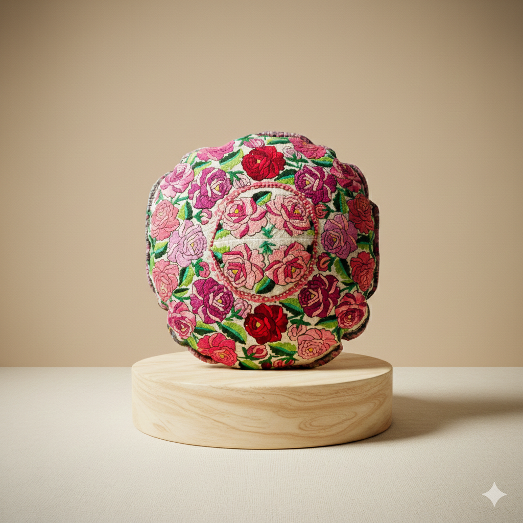 Up-cycled Moon Floral Huipil One-of-a-Kind Round Boho Pillow Cover - Guatemala-Decor-Claudia (Topaca - GU)-Lumily MZ Fair Trade Nena & Co Hiptipico Novica Lucia's World emporium