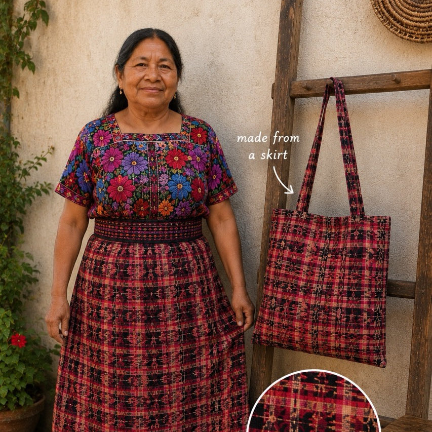 Guatemalan Woman wearing a colorful dress holding a matching bag with a close-up of the fabric pattern.