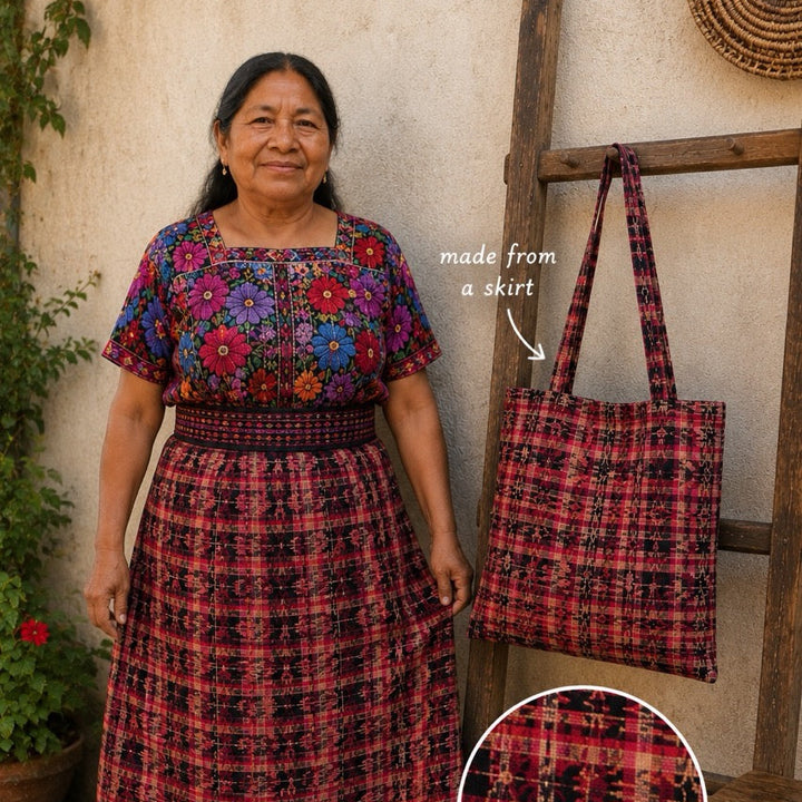Guatemalan Woman wearing a colorful dress holding a matching bag with a close-up of the fabric pattern.