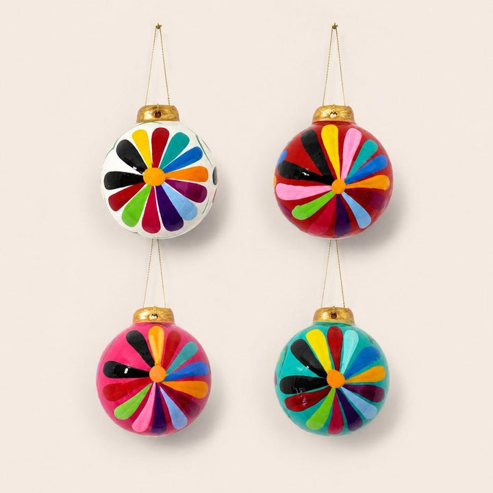 Hand-Painted Ceramic Colorful Sphere Boho Flower Ornament - Mexico