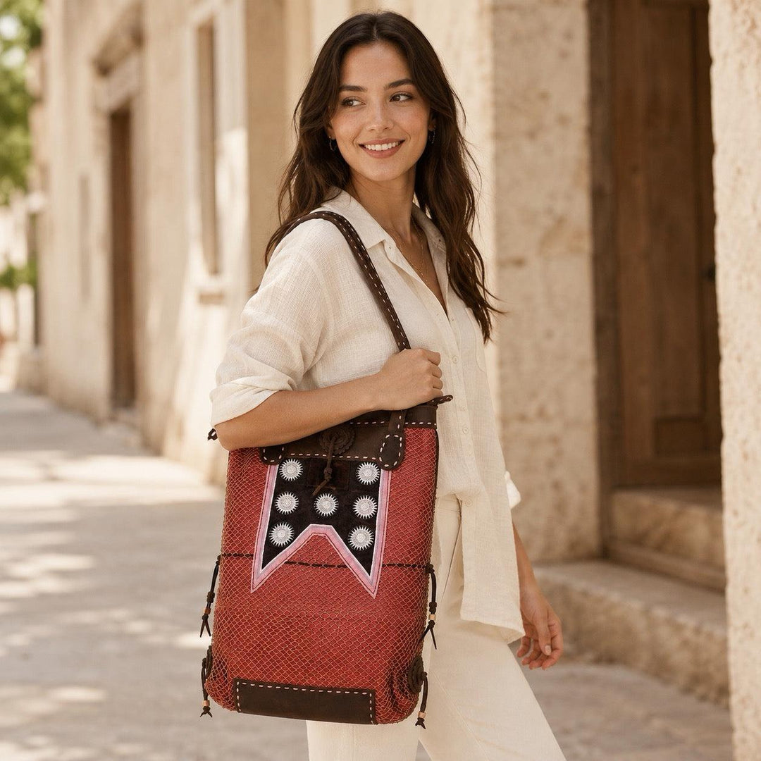 Hmong Vintage Textile &amp; Leather Convertible Shoulder Bag - Thailand-Shoulder Bag-Wichai Shop-Lumily Fair Trade Handmade