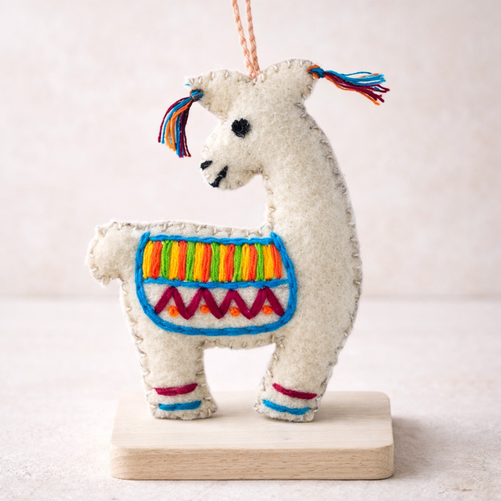 Llama Felted Embroidered Wool Handmade Ornament - Mexico-Decor-Rebeca y Francisco (Mexico)-Lumily MZ Fair Trade Nena & Co Hiptipico Novica Lucia's World emporium