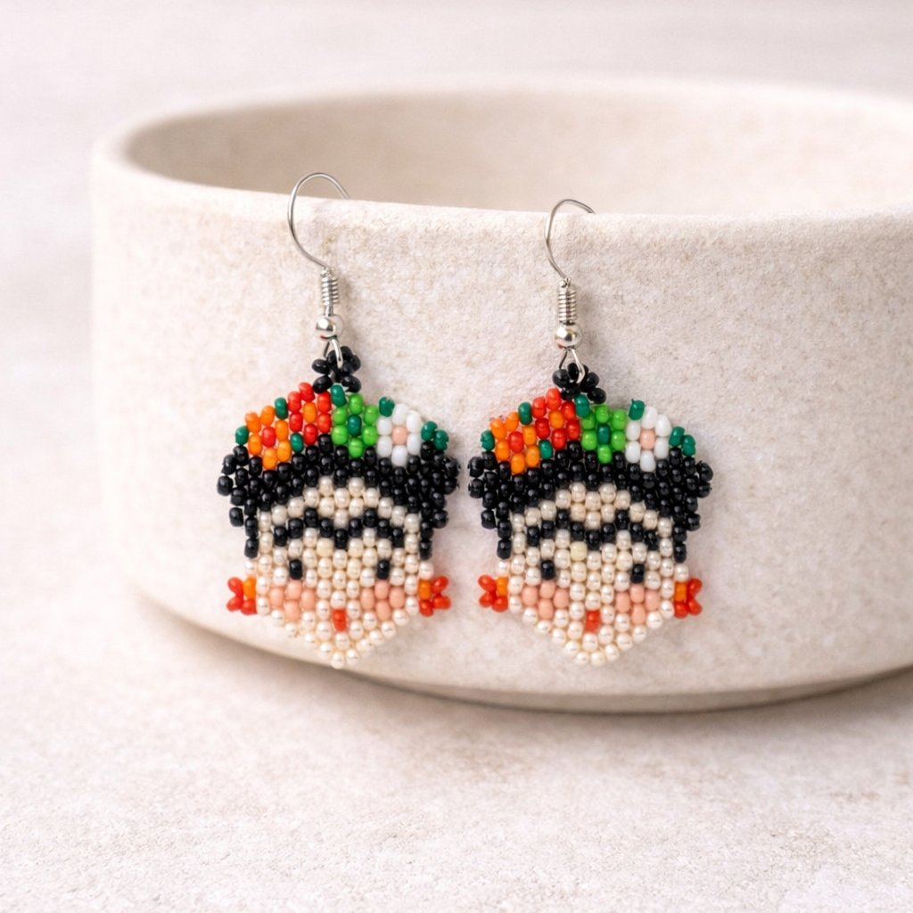 Frida Kahlo Seed Bead Artistic Earrings - Guatemala-Jewelry-David (GU)-Lumily MZ Fair Trade Nena & Co Hiptipico Novica Lucia's World emporium