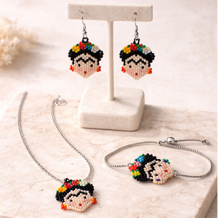 Frida Kahlo Seed Bead Artistic Earrings - Guatemala-Jewelry-David (GU)-Lumily MZ Fair Trade Nena & Co Hiptipico Novica Lucia's World emporium