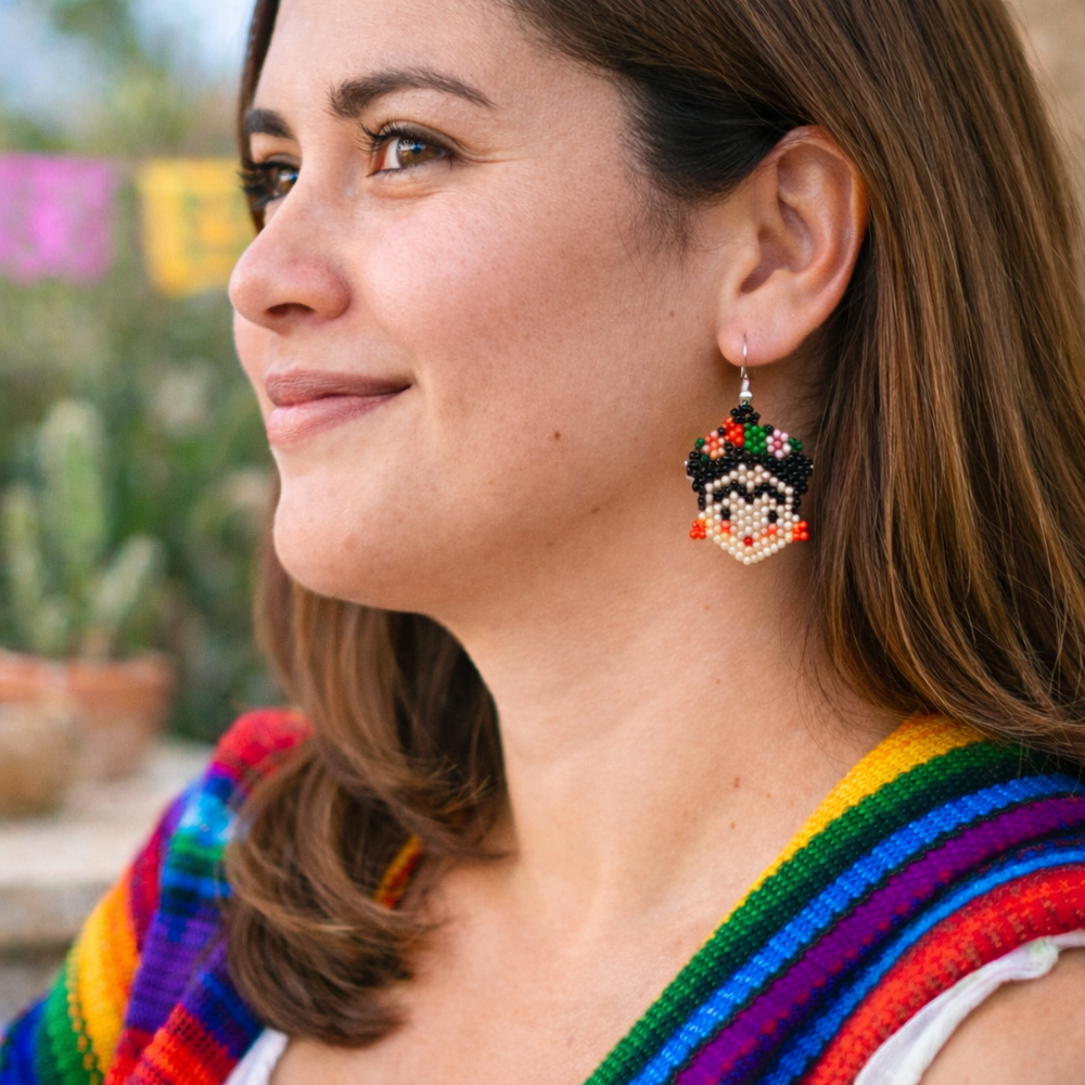 Frida Kahlo Seed Bead Artistic Earrings - Guatemala-Jewelry-David (GU)-Lumily MZ Fair Trade Nena & Co Hiptipico Novica Lucia's World emporium
