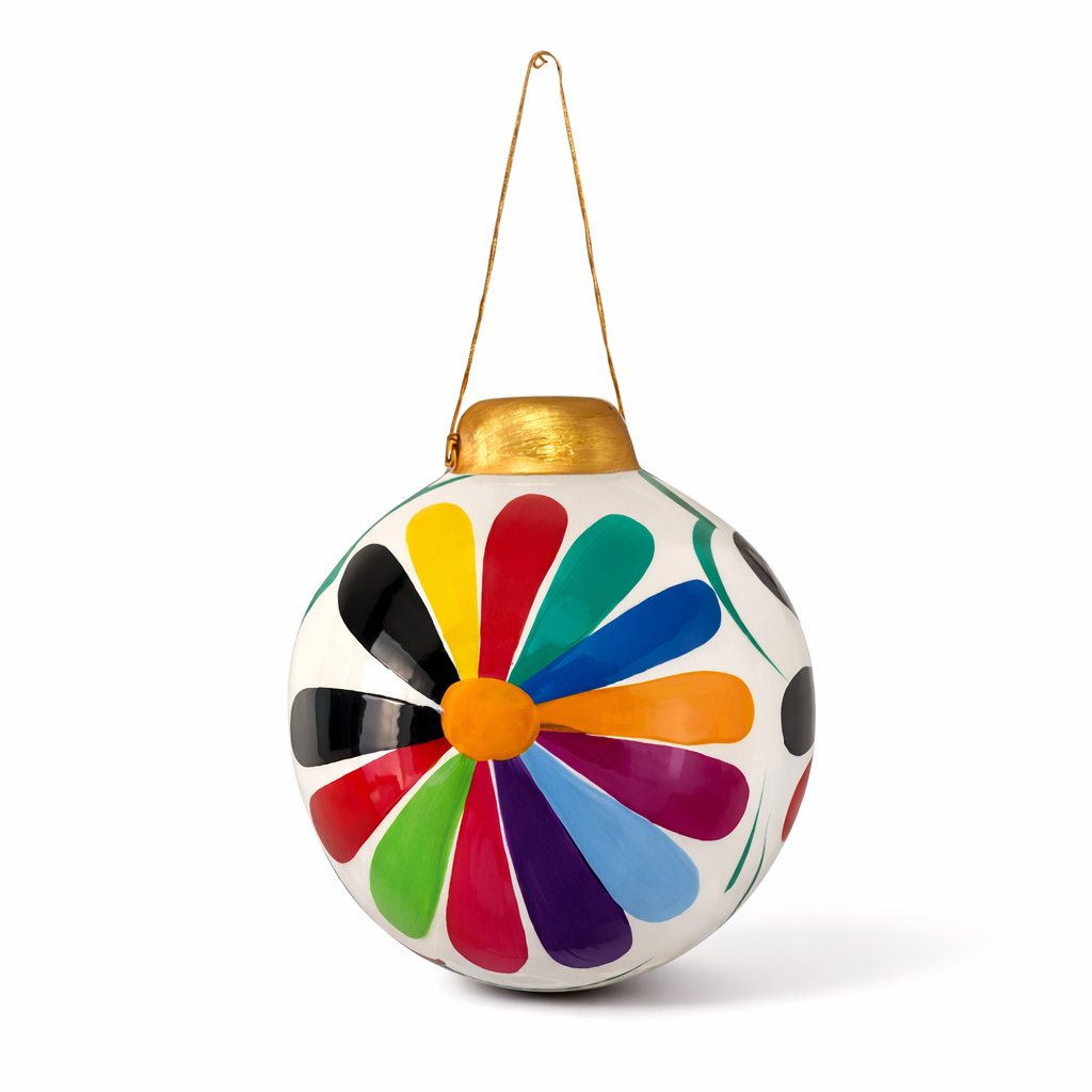 Hand-Painted Ceramic Colorful Sphere Boho Flower Ornament - Mexico-ornament-Cecilia-White-Ceramic-Lumily MZ Fair Trade Nena & Co Hiptipico Novica Lucia's World emporium