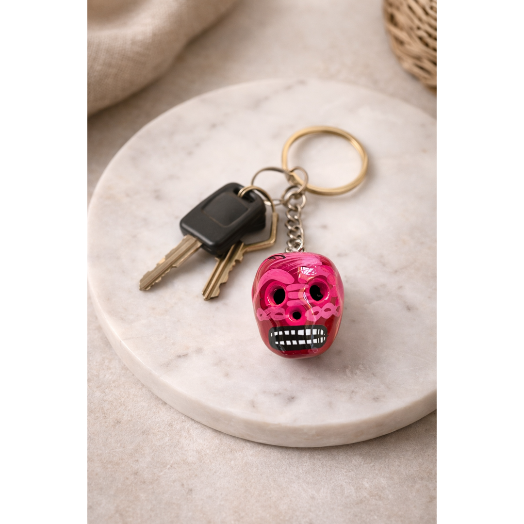 Hand-Painted Mini Sugar Skull Floral Keychain - Mexico