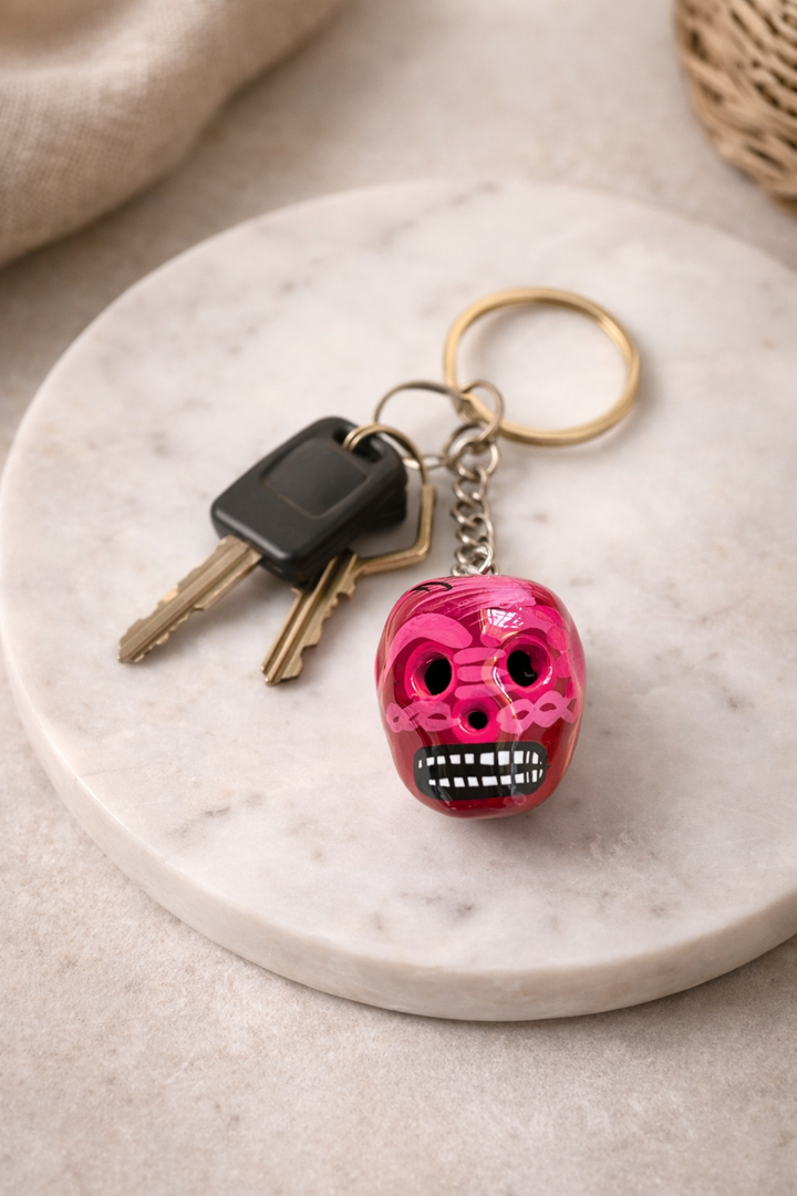 Hand-Painted Mini Sugar Skull Floral Keychain - Mexico