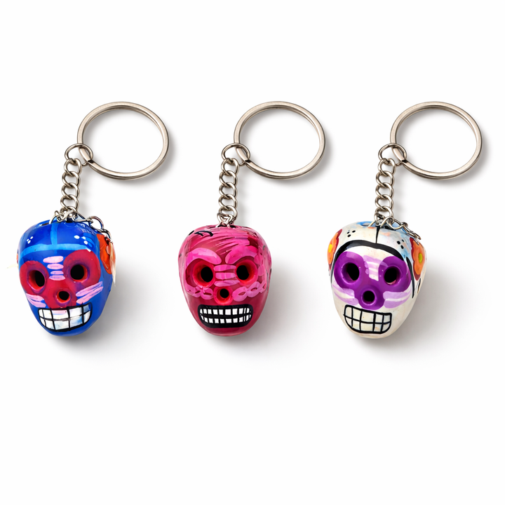Hand-Painted Mini Sugar Skull Floral Keychain - Mexico