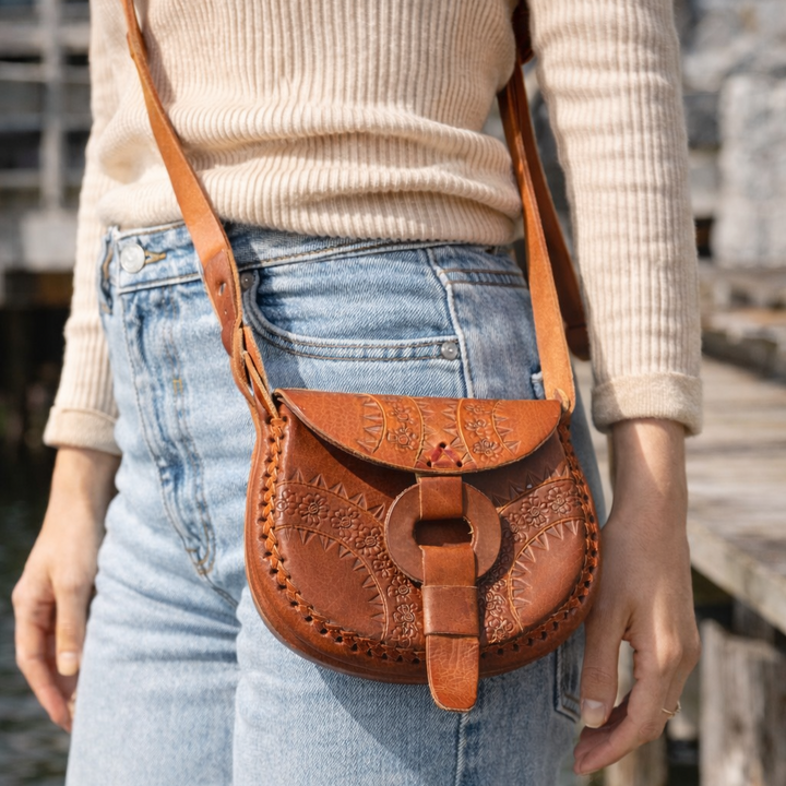 Alicia Leather Crossbody Stamped Purse - Mexico-Bags-Rebeca y Francisco (Mexico)-Lumily MZ Fair Trade Nena & Co Hiptipico Novica Lucia's World emporium