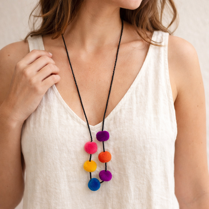 Alicia Bead & Pom Pom Necklace - Guatemala-Jewelry-Lumily-Lumily MZ Fair Trade Nena & Co Hiptipico Novica Lucia's World emporium