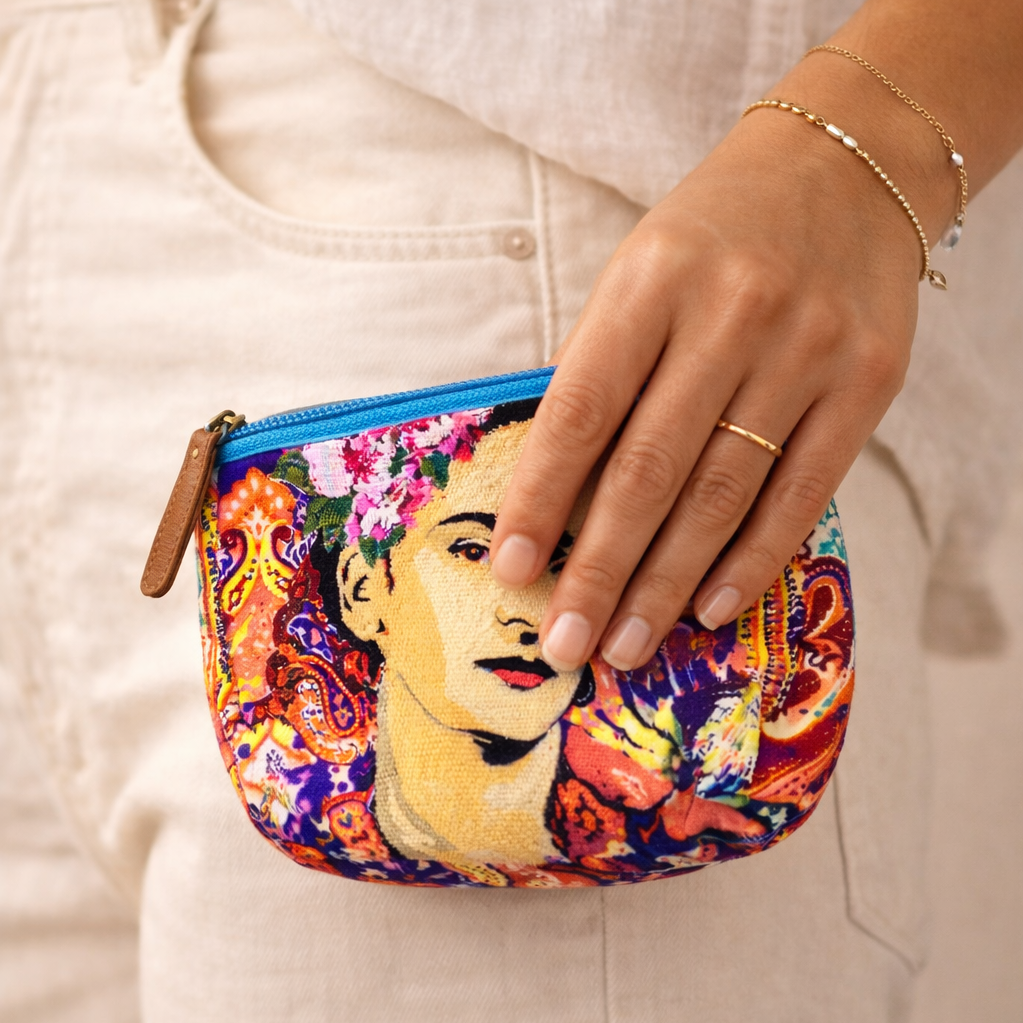 Frida Kahlo Printed Boho Mexican Style Coin Purse - Thailand-Coin Purses-Nun (Screen Print Bags - TH)-Lumily MZ Fair Trade Nena & Co Hiptipico Novica Lucia's World emporium
