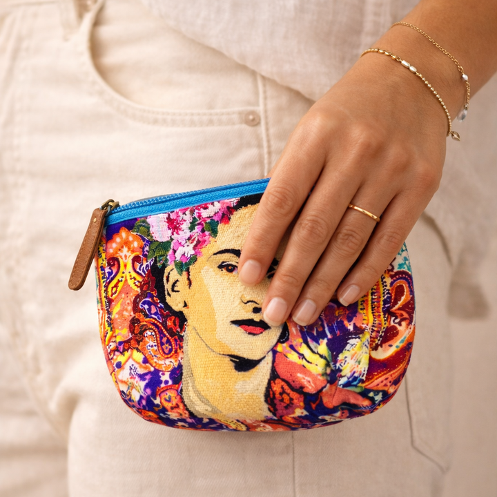 Frida Kahlo Printed Boho Mexican Style Coin Purse - Thailand-Coin Purses-Nun (Screen Print Bags - TH)-Lumily MZ Fair Trade Nena & Co Hiptipico Novica Lucia's World emporium