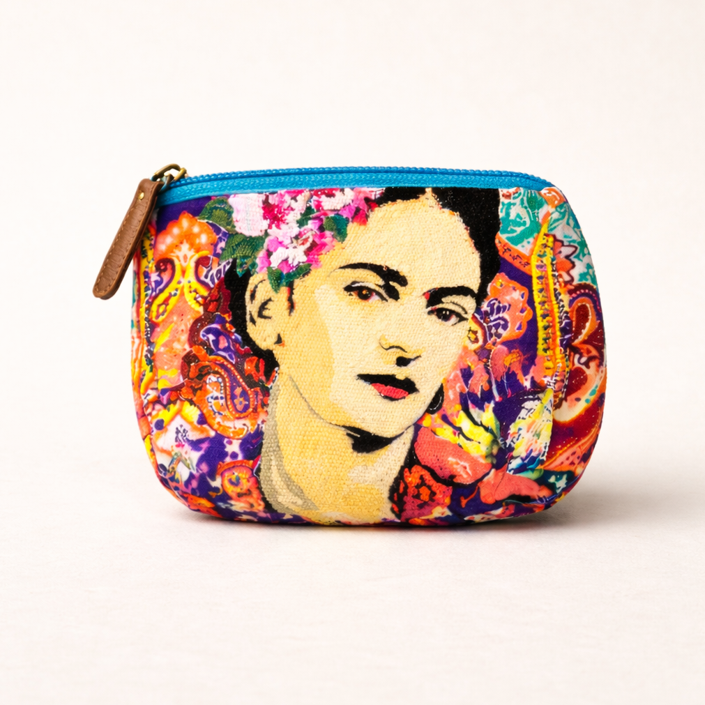 Frida Kahlo Printed Boho Mexican Style Coin Purse - Thailand-Coin Purses-Nun (Screen Print Bags - TH)-Lumily MZ Fair Trade Nena & Co Hiptipico Novica Lucia's World emporium