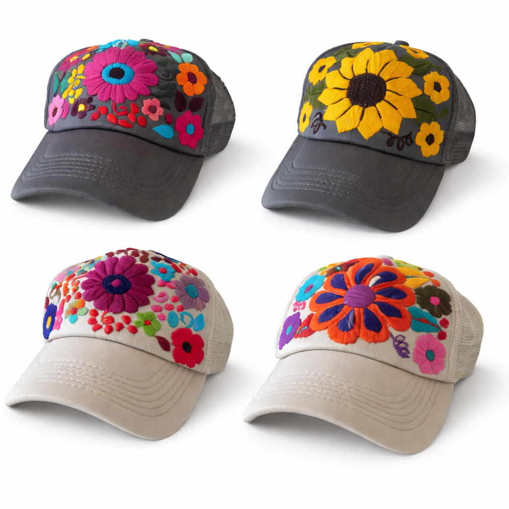 Tulum Hand Embroidered Trucker Flower Hat - Mexico-Apparel-Rebeca y Francisco (Mexico)-Gray Assorted-Lumily MZ Fair Trade Nena & Co Hiptipico Novica Lucia's World emporium