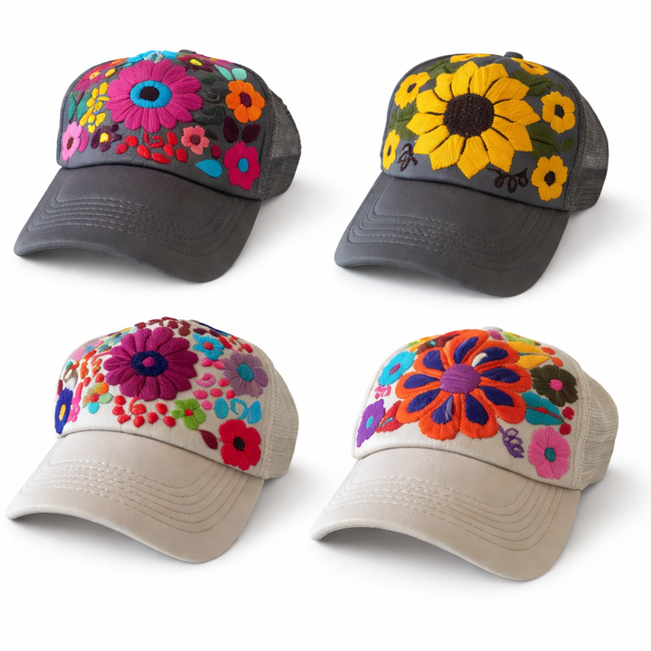 Tulum Hand Embroidered Trucker Flower Hat - Mexico-Apparel-Rebeca y Francisco (Mexico)-Gray Assorted-Lumily MZ Fair Trade Nena & Co Hiptipico Novica Lucia's World emporium