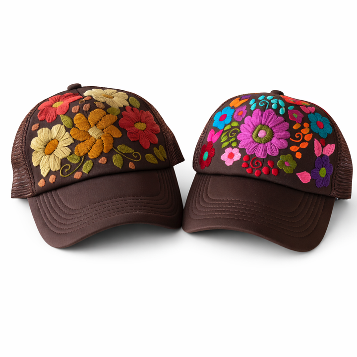 Tulum Hand Embroidered Trucker Flower Hat - Mexico-Apparel-Rebeca y Francisco (Mexico)-Brown Assorted-Lumily MZ Fair Trade Nena & Co Hiptipico Novica Lucia's World emporium