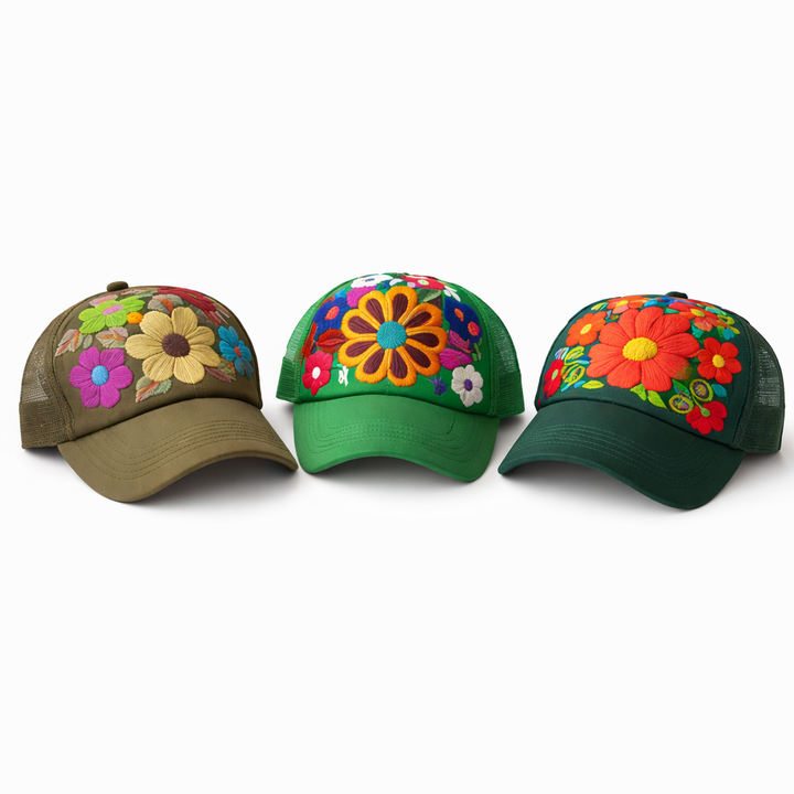 Tulum Hand Embroidered Trucker Flower Hat - Mexico-Apparel-Rebeca y Francisco (Mexico)-Green Assorted-Lumily MZ Fair Trade Nena & Co Hiptipico Novica Lucia's World emporium