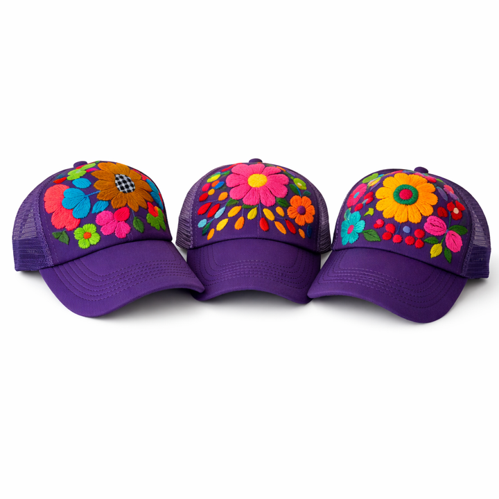 Tulum Hand Embroidered Trucker Flower Hat - Mexico-Apparel-Rebeca y Francisco (Mexico)-Purple Assorted-Lumily MZ Fair Trade Nena & Co Hiptipico Novica Lucia's World emporium