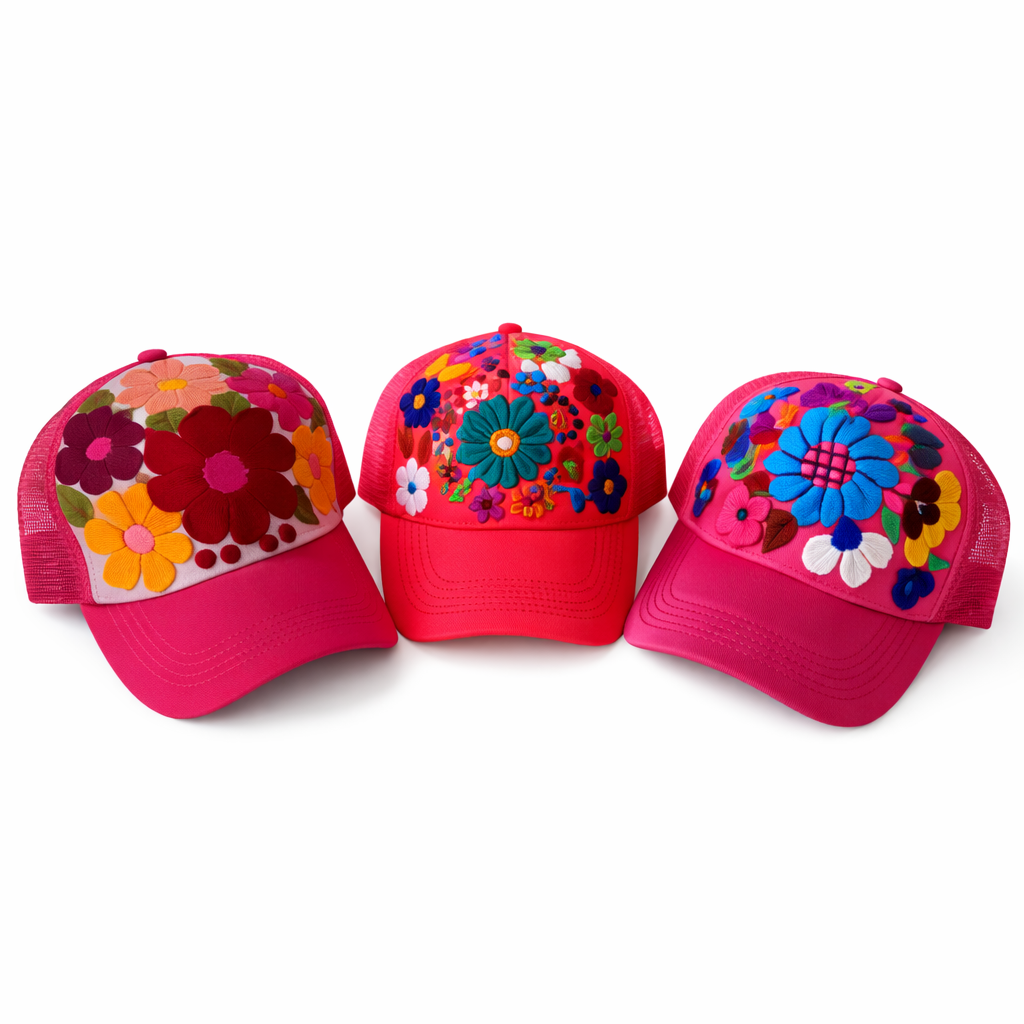 Tulum Hand Embroidered Trucker Flower Hat - Mexico-Apparel-Rebeca y Francisco (Mexico)-Pink Assorted-Lumily MZ Fair Trade Nena & Co Hiptipico Novica Lucia's World emporium