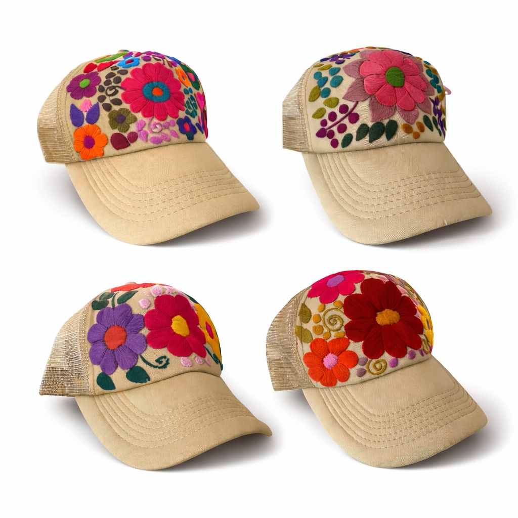 Tulum Hand Embroidered Trucker Flower Hat - Mexico-Apparel-Rebeca y Francisco (Mexico)-Beige Assorted-Lumily MZ Fair Trade Nena & Co Hiptipico Novica Lucia's World emporium