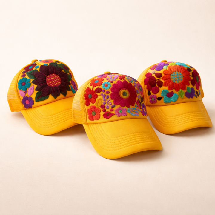 Tulum Hand Embroidered Trucker Flower Hat - Mexico-Apparel-Rebeca y Francisco (Mexico)-Yellow Assorted-Lumily MZ Fair Trade Nena & Co Hiptipico Novica Lucia's World emporium