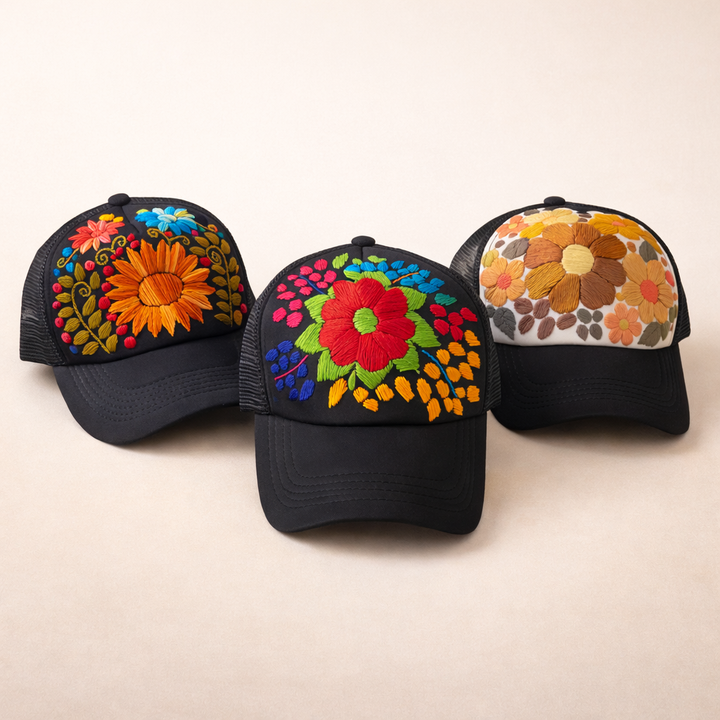 Tulum Hand Embroidered Trucker Flower Hat - Mexico-Apparel-Rebeca y Francisco (Mexico)-Black Assorted-Lumily MZ Fair Trade Nena & Co Hiptipico Novica Lucia's World emporium