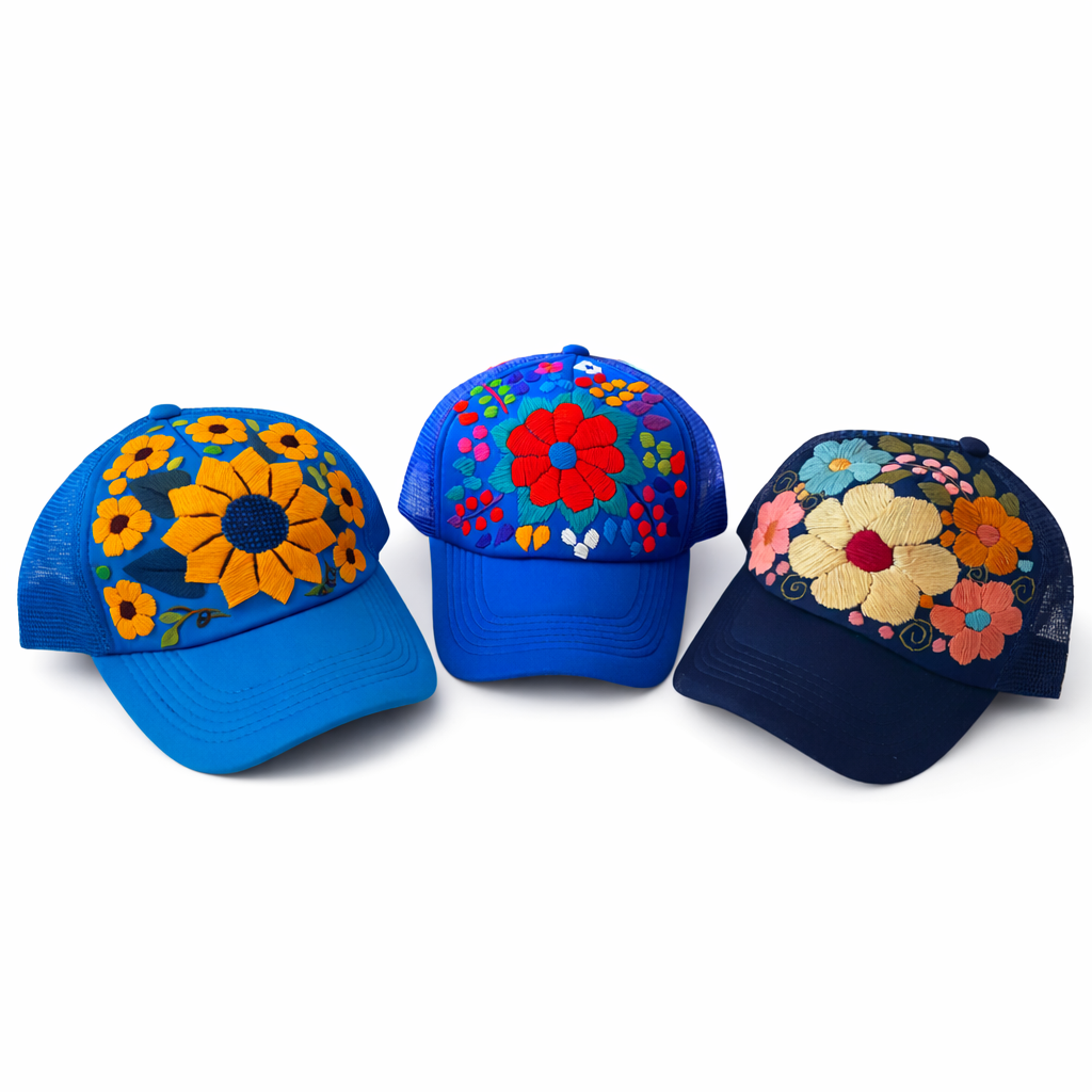 Tulum Hand Embroidered Trucker Flower Hat - Mexico-Apparel-Rebeca y Francisco (Mexico)-Blue Assorted-Lumily MZ Fair Trade Nena & Co Hiptipico Novica Lucia's World emporium