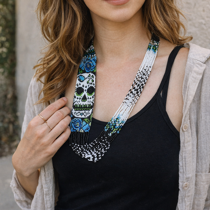 Sugar Skull | Catrina Seed Bead Handcrafted Slip on Necklace - Guatemala-Jewelry-Maria-Lumily MZ Fair Trade Nena & Co Hiptipico Novica Lucia's World emporium