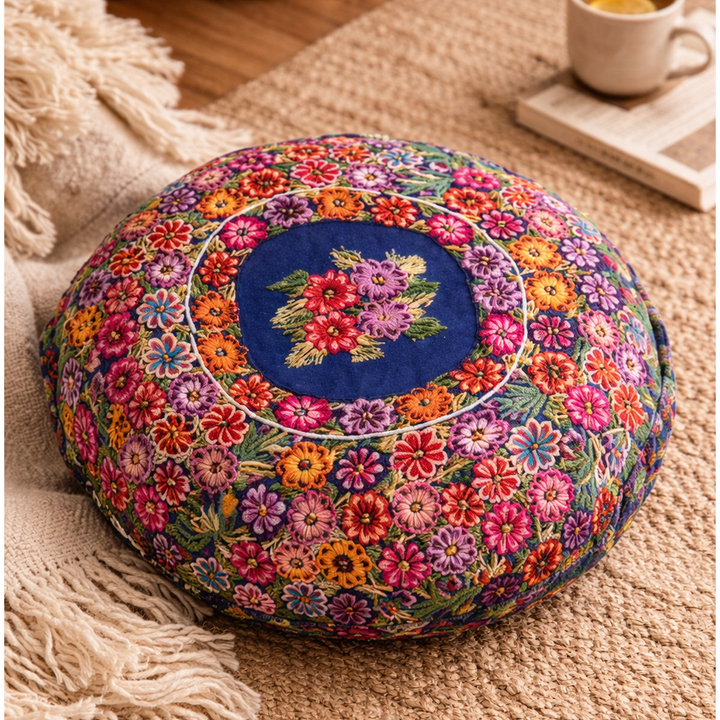 Up-cycled Moon Floral Huipil One-of-a-Kind Round Boho Pillow Cover - Guatemala-Decor-Claudia (Topaca - GU)-Lumily MZ Fair Trade Nena &amp; Co Hiptipico Novica Lucia&