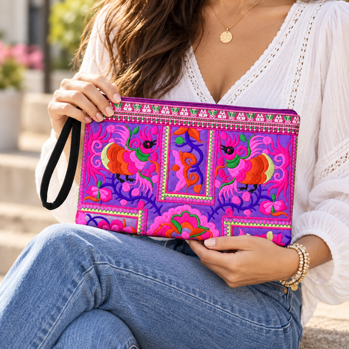 Sarita Hmong Embroidered Wristlet | Colorful Artisan Clutch – Thailand