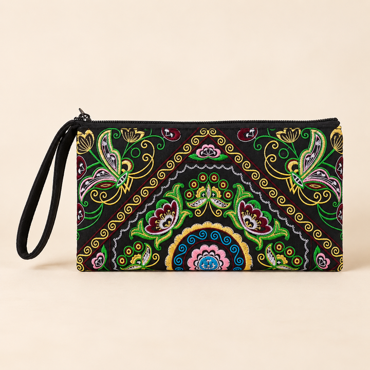 Sarita Hmong Embroidered Wristlet | Colorful Artisan Clutch – Thailand