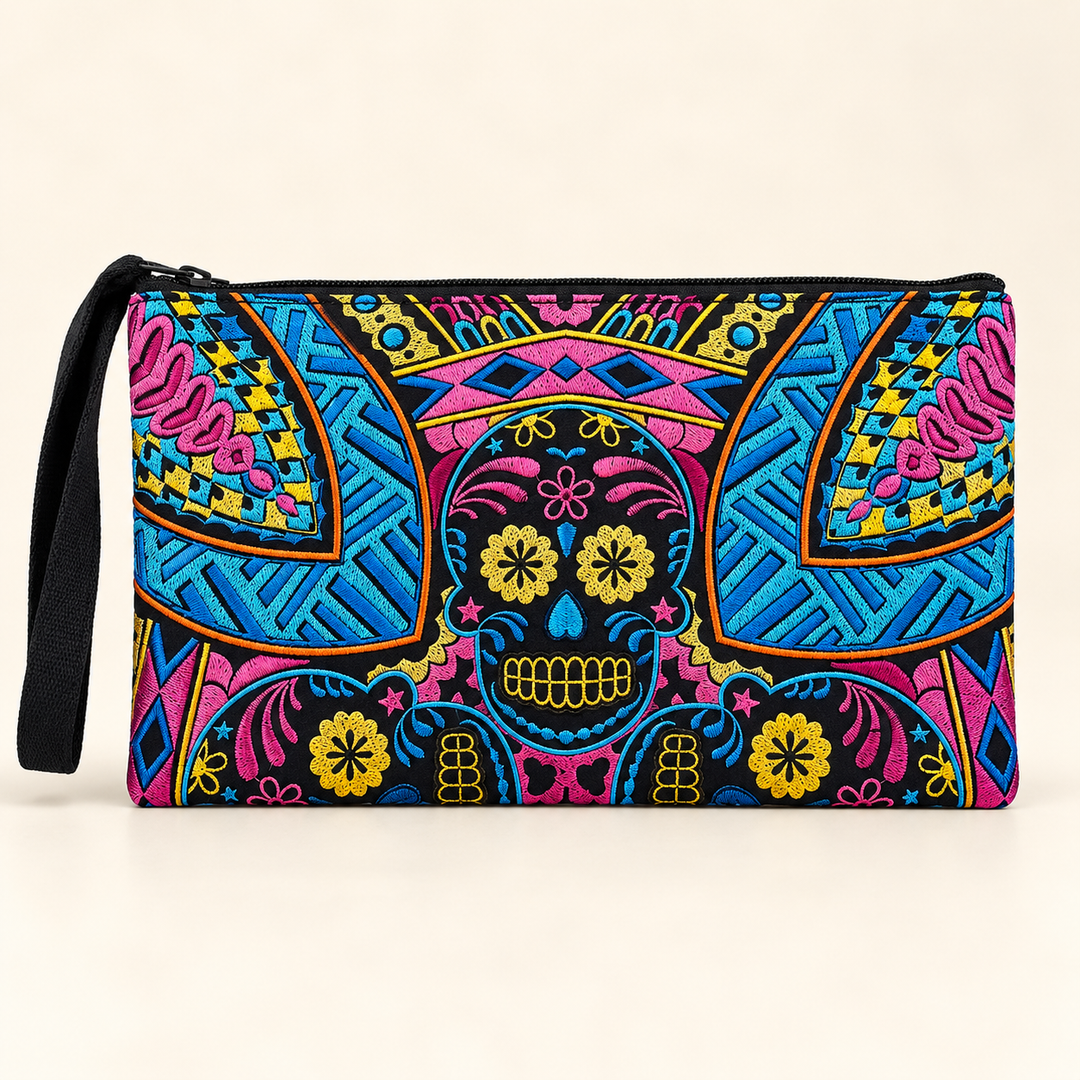 Sugar Skull Embroidered Wristlet Clutch Boho Day of the Dead Purse Fair Trade - Thailand
