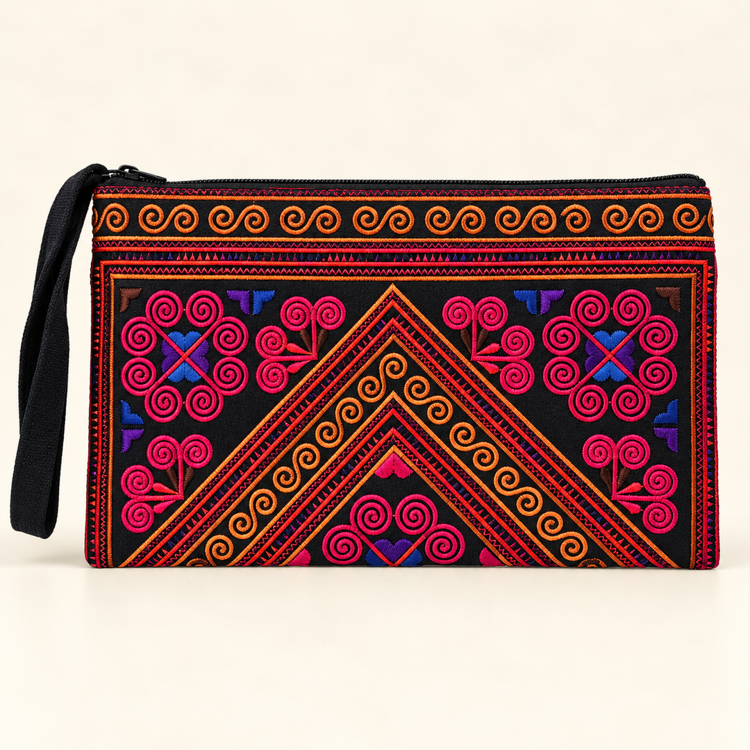 Sarita Hmong Embroidered Wristlet | Colorful Artisan Clutch – Thailand