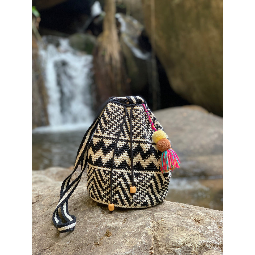 Summer Crochet Chevron Boho Crossbody Black and White Bag - Guatemala-Bags-Don Miguel (Tipicos el Paisaje - GU)-Lumily MZ Fair Trade Nena & Co Hiptipico Novica Lucia's World emporium