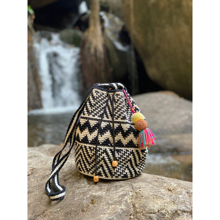 Summer Crochet Chevron Boho Crossbody Black and White Bag - Guatemala-Bags-Don Miguel (Tipicos el Paisaje - GU)-Lumily MZ Fair Trade Nena & Co Hiptipico Novica Lucia's World emporium