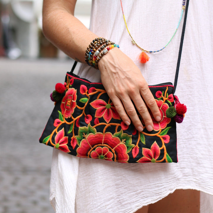 Crossbody Embroidered Hmong Floral Geometric Bag - Thailand-Bags-Lumily-Lumily MZ Fair Trade Nena & Co Hiptipico Novica Lucia's World emporium