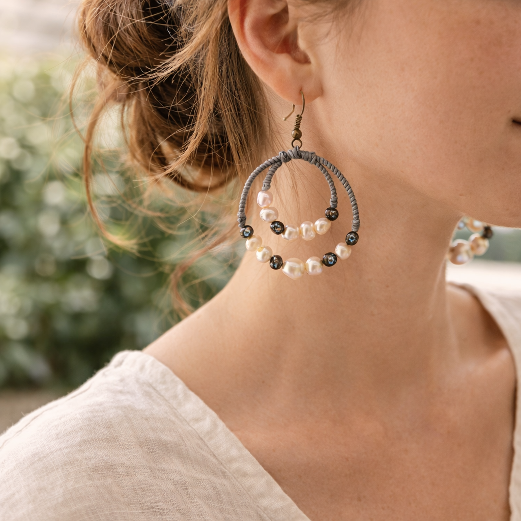 Orbit Hoop Freshwater Pearl Handmade Earrings - Thailand-Jewelry-Lumily-Lumily MZ Fair Trade Nena &amp; Co Hiptipico Novica Lucia&