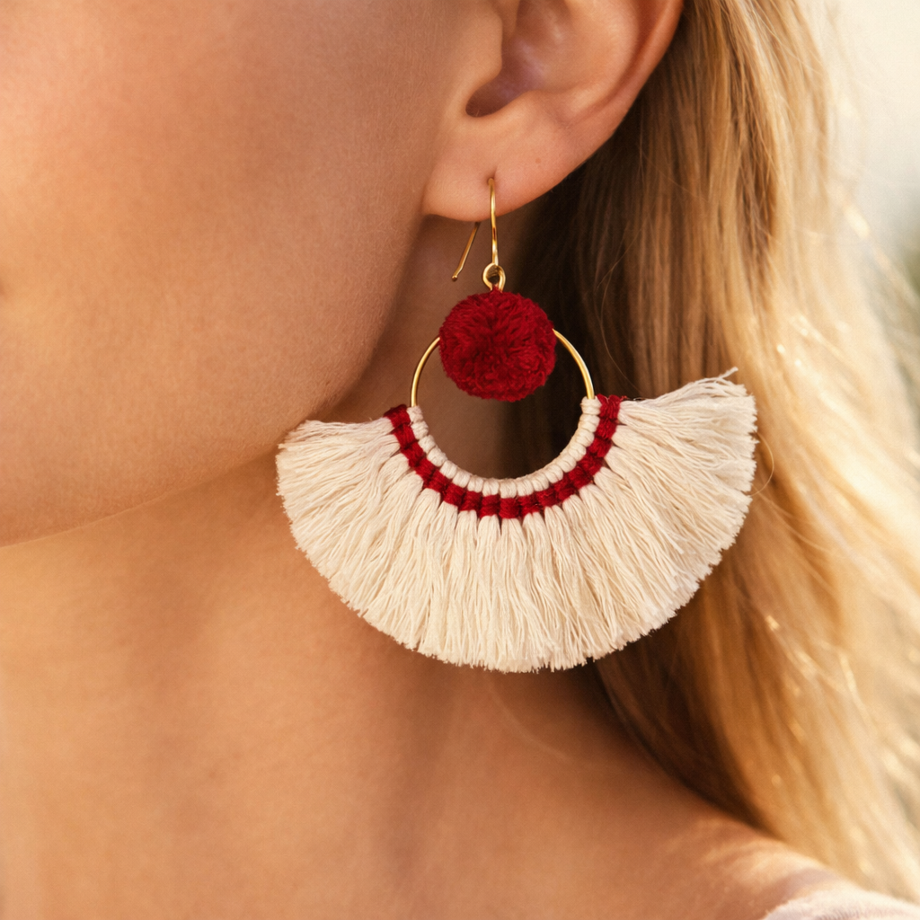Half Moon Tassel Earrings Boho Cotton Fringe Earrings Fair Trade - Thailand-Jewelry-Kannika Chimkam-Lumily MZ Fair Trade Nena & Co Hiptipico Novica Lucia's World emporium