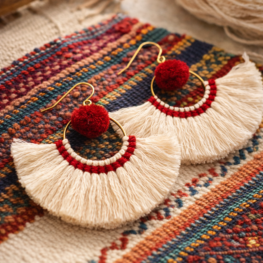 Half Moon Tassel Earrings Boho Cotton Fringe Earrings Fair Trade - Thailand-Jewelry-Kannika Chimkam-Lumily MZ Fair Trade Nena &amp; Co Hiptipico Novica Lucia&