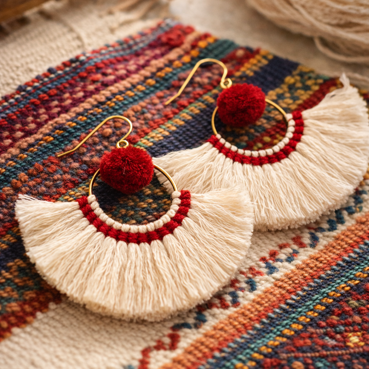Half Moon Tassel Earrings Boho Cotton Fringe Earrings Fair Trade - Thailand-Jewelry-Kannika Chimkam-Lumily MZ Fair Trade Nena &amp; Co Hiptipico Novica Lucia&