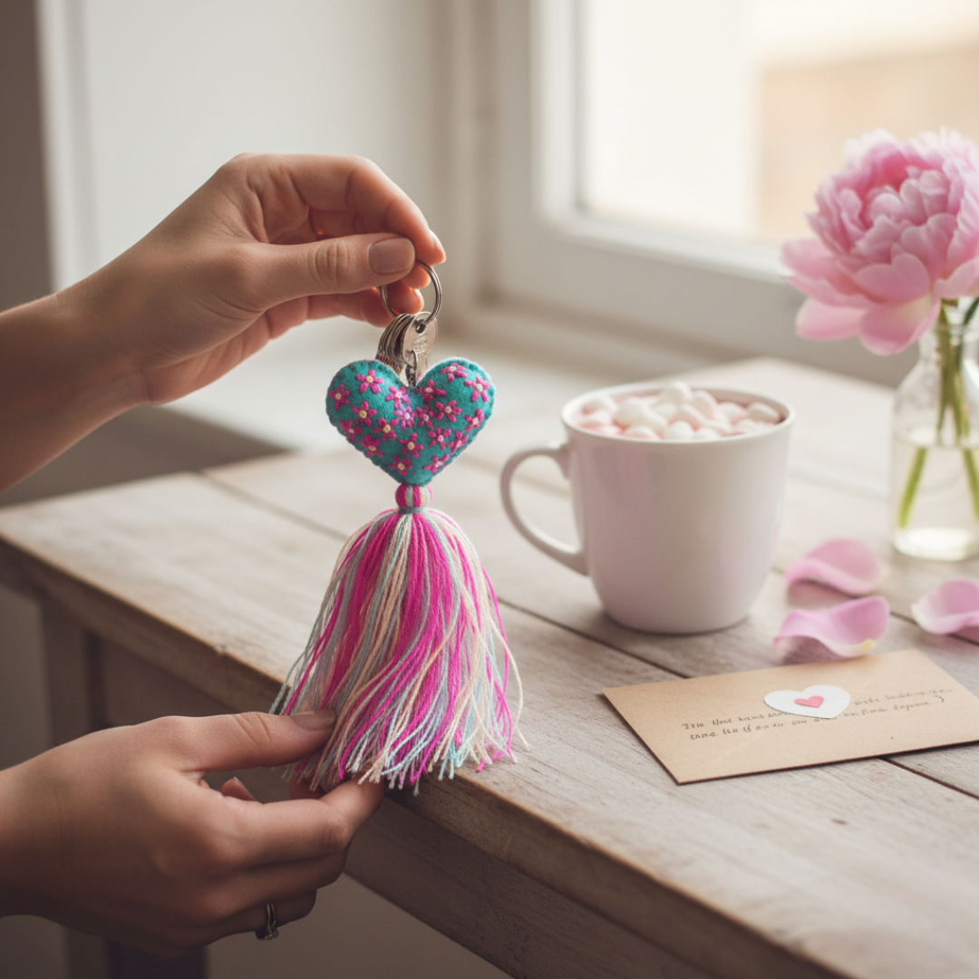 Embroidered Love Heart Tassel Keychain - Mexico-Keychains-Rebeca y Francisco (Mexico)-Lumily MZ Fair Trade Nena & Co Hiptipico Novica Lucia's World emporium