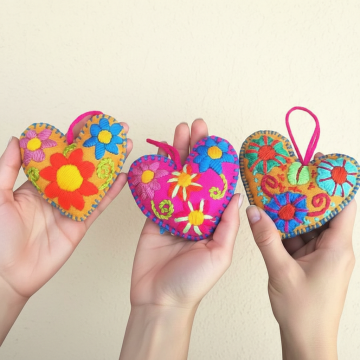 Pick Color! Corazon Heart Embroidered Handmade Valentine's Day Gift Ornament - Mexico-Decor-Rebeca y Francisco (Mexico)-Lumily MZ Fair Trade Nena & Co Hiptipico Novica Lucia's World emporium